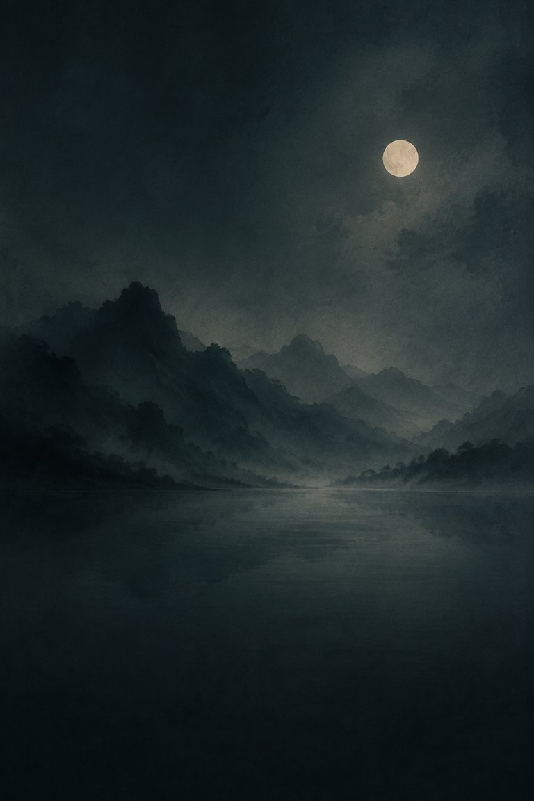 Moonlight above misty mountains and a quiet river